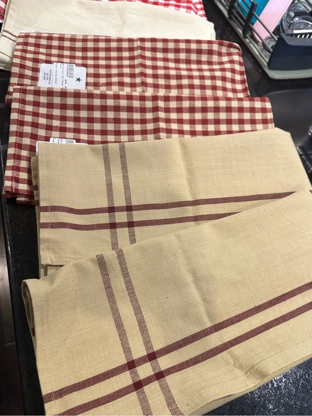 Set of 11 Assorted Checked and Solid Kitchen Towels - Red, Cream, Beige